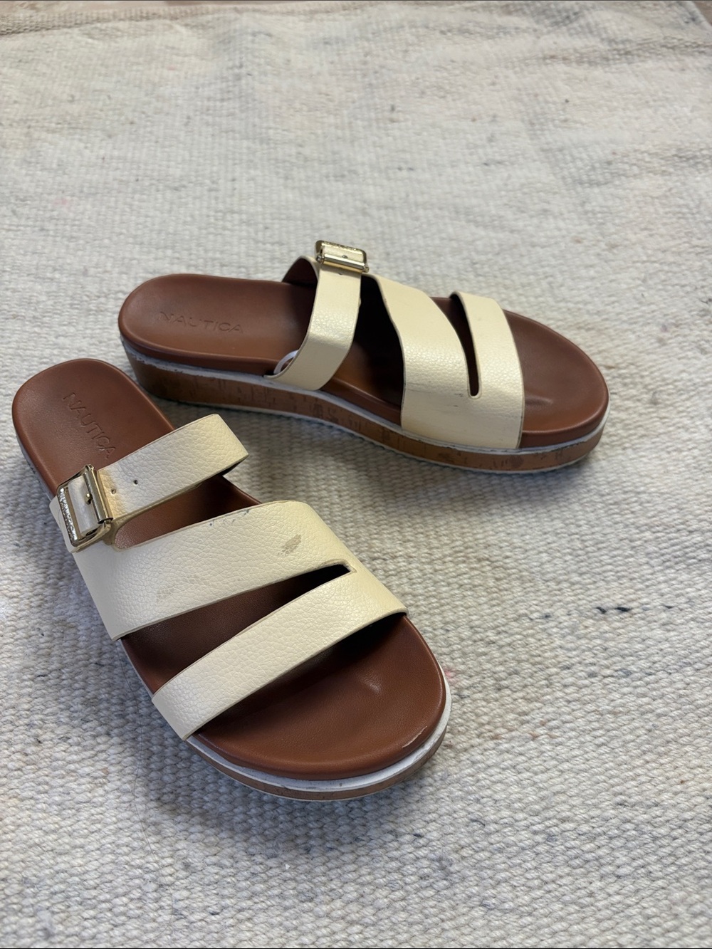 Nautica Ivory Yellow Triple-Strap Slide Sandals with Buckle